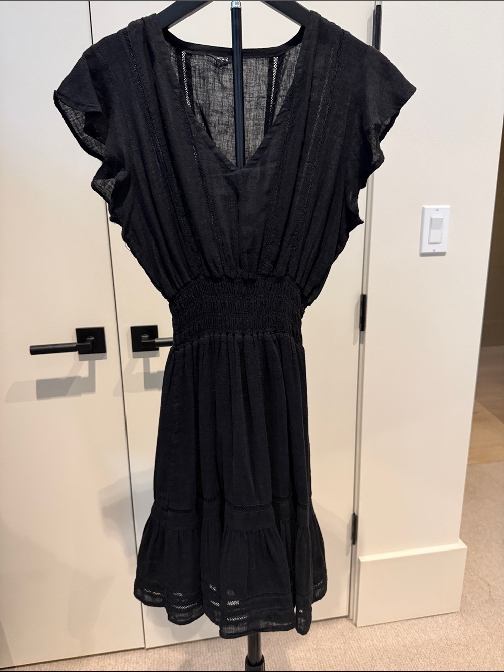 Rials Black V-Neck Smocked Waist Women's Linen Dress